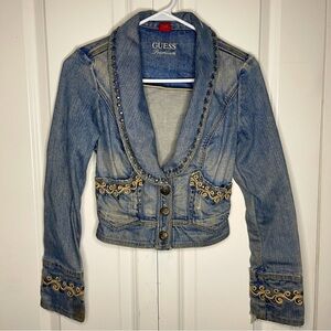 Vintage Guess Premium Denim Jean Jacket Size XS Made In USA Distressed Studded